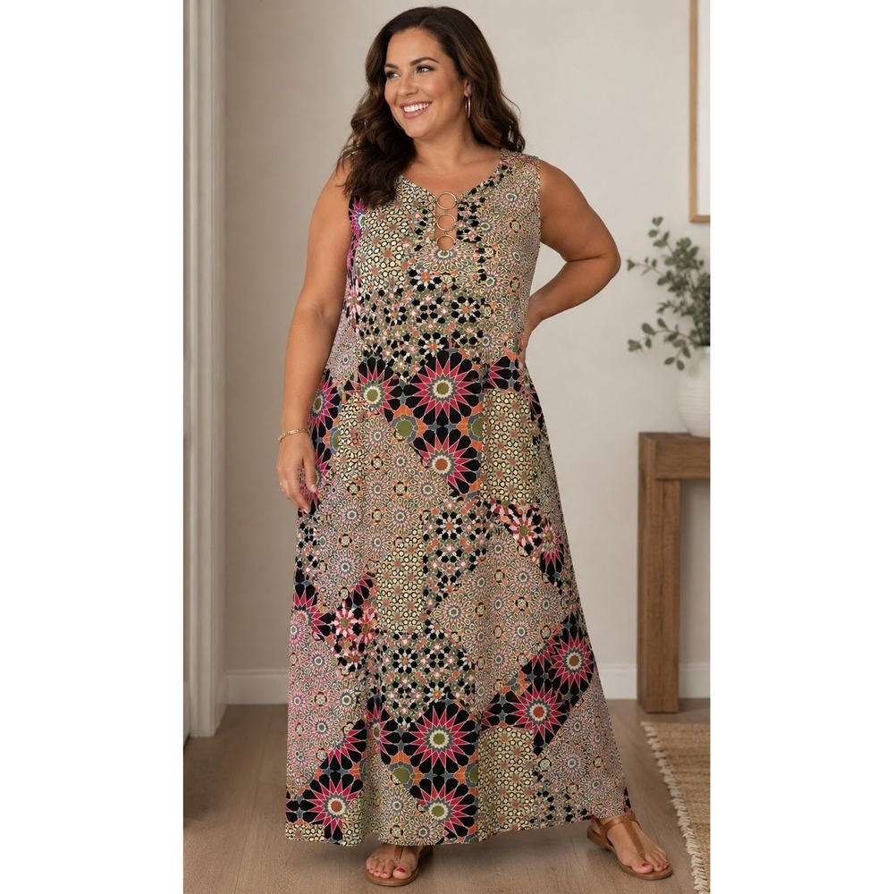 Ellen Weaver 2X Geometric Mosaic Print Maxi Dress Sleeveless Boho Artsy Eclectic